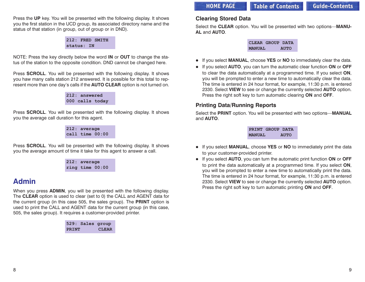 Admin, Clearing stored data, Printing data/running reports | Samsung iDCS 100 User Manual | Page 152 / 155