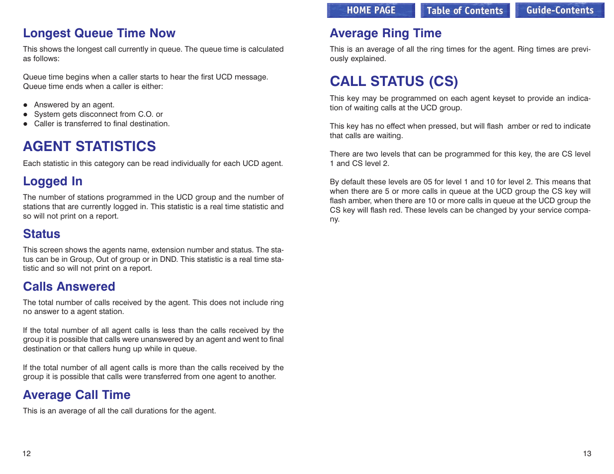 Longest queue time now, Agent statistics, Logged in | Status, Calls answered, Average call time, Average ring time, Call status (cs), Call status | Samsung iDCS 100 User Manual | Page 154 / 155