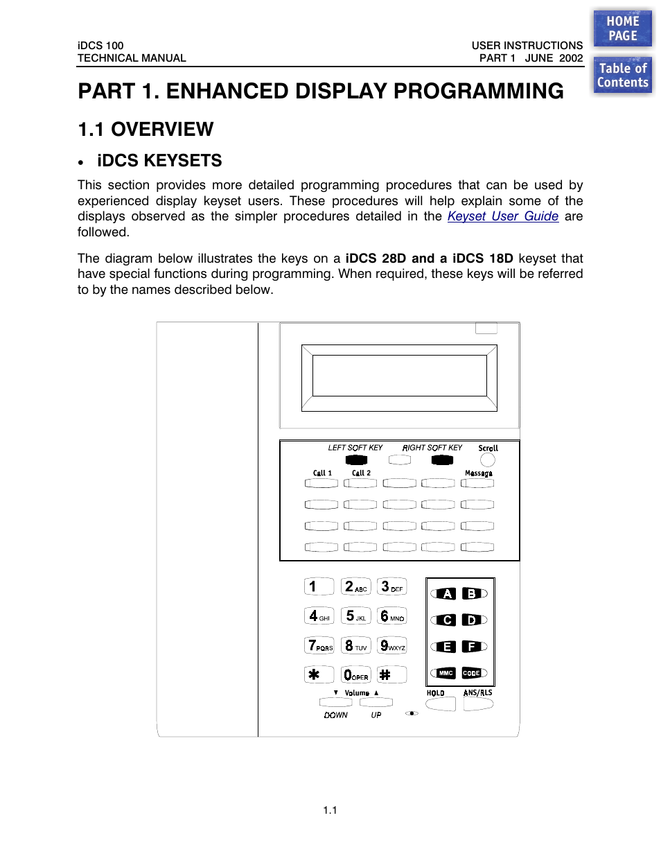 Part 1. enhanced display programming, 1 overview, Idcs keysets | Enhanced display programming, Overview | Samsung iDCS 100 User Manual | Page 2 / 155