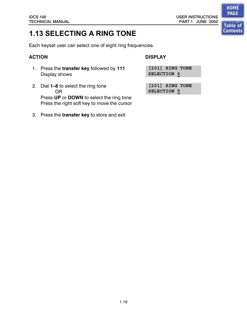 13 selecting a ring tone, Selecting a ring tone | Samsung iDCS 100 User Manual | Page 20 / 155