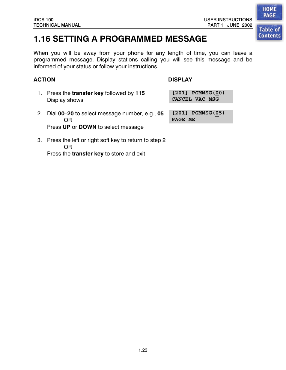 16 setting a programmed message, Setting a programmed message | Samsung iDCS 100 User Manual | Page 24 / 155