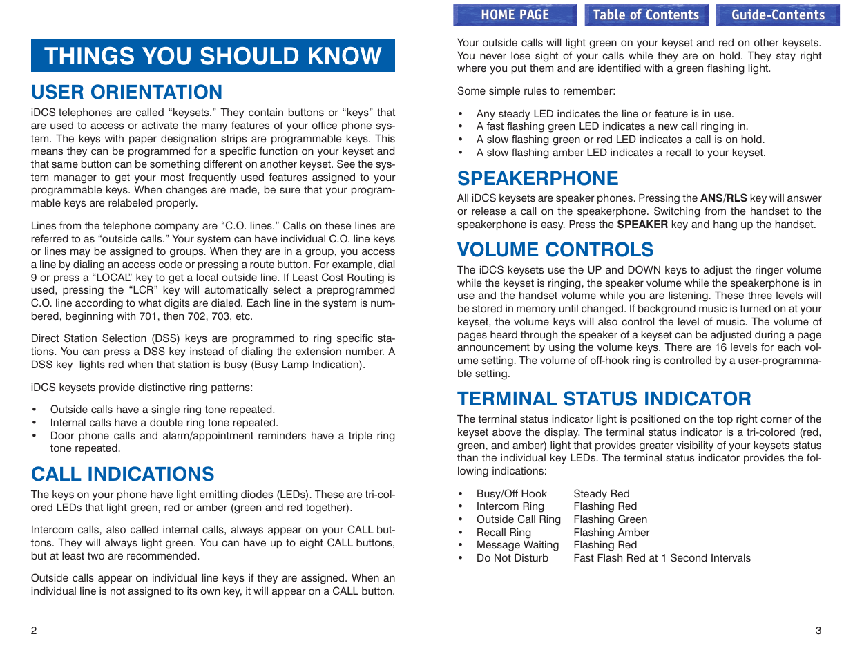 Things you should know, User orientation, Call indications | Speakerphone, Volume controls, Terminal status indicator | Samsung iDCS 100 User Manual | Page 31 / 155