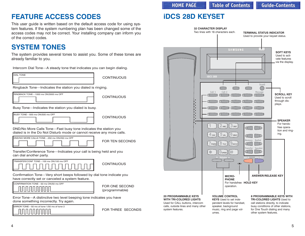 Feature access codes, System tones, Idcs 28d keyset | Home page table of contents, Guide-contents | Samsung iDCS 100 User Manual | Page 32 / 155