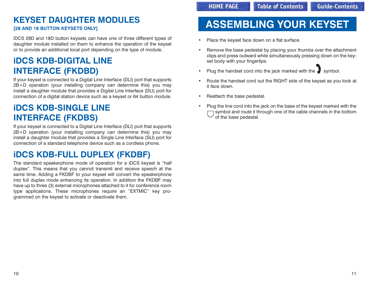 Keyset daughter modules, Idcs kdb-digital line interface (fkdbd), Idcs kdb-single line interface (fkdbs) | Idcs kdb-full duplex (fkdbf), Assembly your keyset, Assembling your keyset | Samsung iDCS 100 User Manual | Page 35 / 155