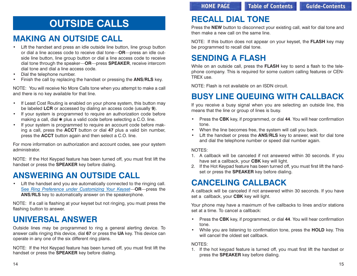 Outside calls, Making an outside call, Answering an outside call | Universal answer, Recall dial tone, Sending a flash, Busy line queuing with callback, Canceling callback | Samsung iDCS 100 User Manual | Page 37 / 155