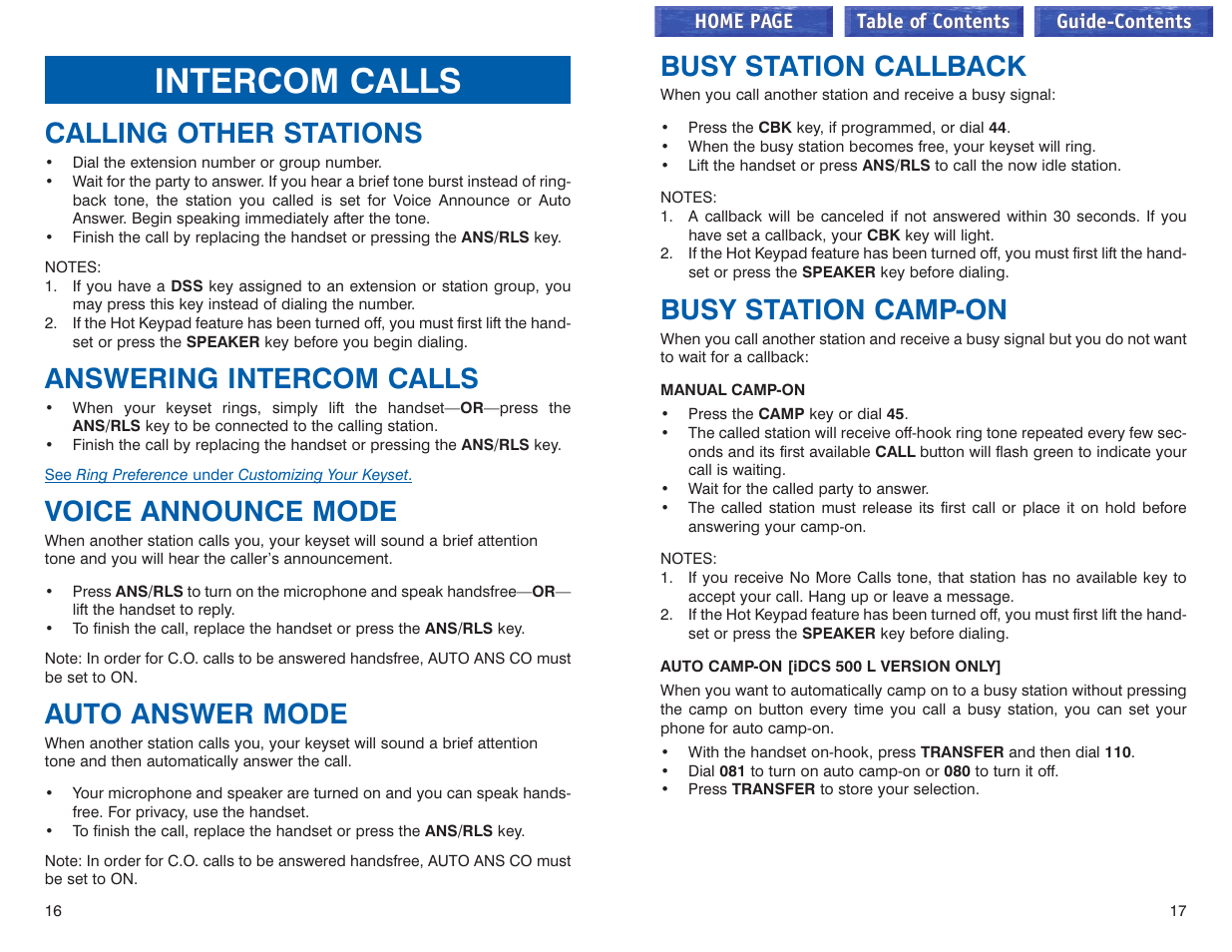 Intercom calls, Calling other stations, Answering intercom calls | Voice announce mode, Auto answer mode, Busy station callback, Busy station camp-on | Samsung iDCS 100 User Manual | Page 38 / 155