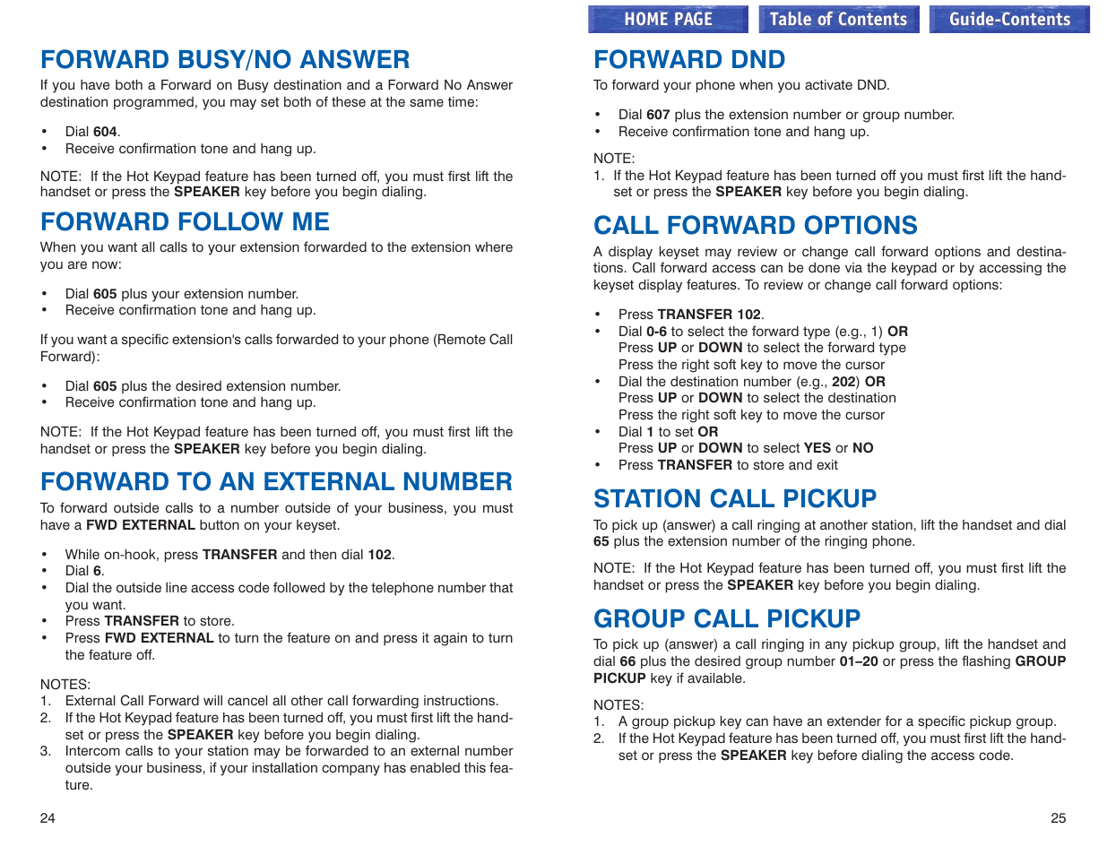 Forward busy/no answer, Forward follow me, Forward to an external number | Forward dnd, Call forward options, Station call pickup, Group call pickup, Call pickup | Samsung iDCS 100 User Manual | Page 42 / 155