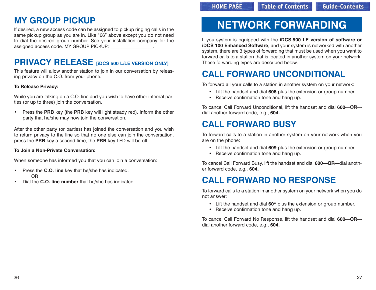 My group pickup, Privacy release, Network forwarding | Call forwarding unconditional, Call forward busy, Call forward no response, My group pickup privacy release, Call forward unconditional | Samsung iDCS 100 User Manual | Page 43 / 155