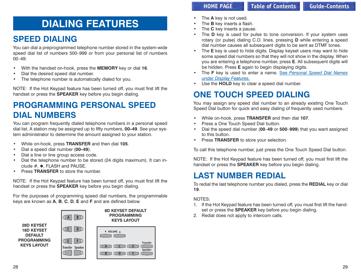 Dialing features, Speed dialing, Programming personal speed dial numbers | One touch speed dialing, Last number redial, Home page table of contents | Samsung iDCS 100 User Manual | Page 44 / 155