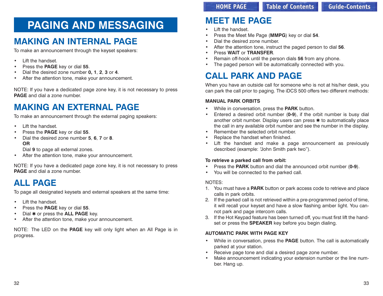 Paging and messaging, Meet me page, Call park and page | Making an internal page, Making an external page, All page | Samsung iDCS 100 User Manual | Page 46 / 155