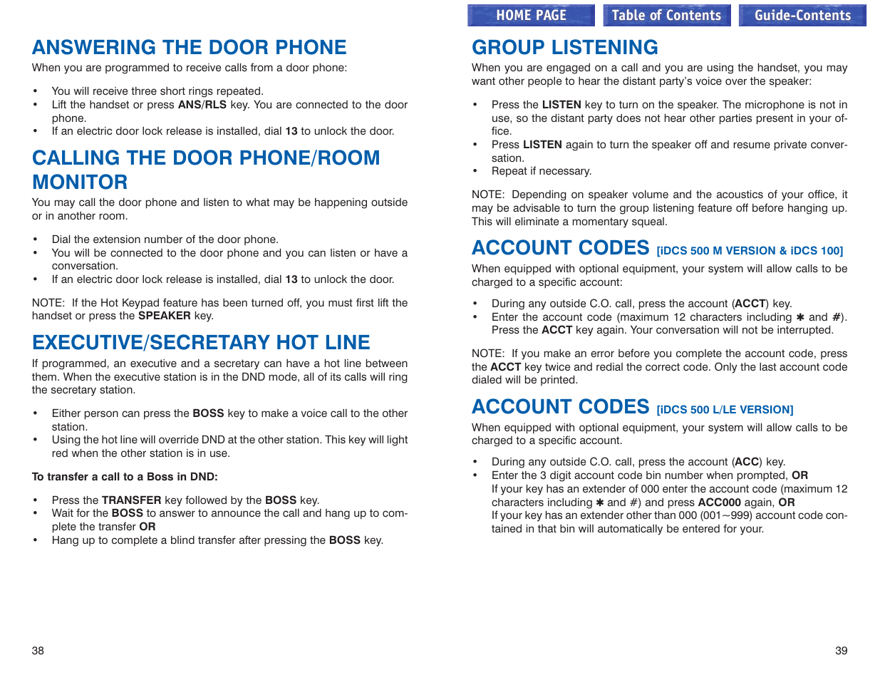 Answering the door phone, Calling the door phone/room monitor, Executive/secretary hot line | Group listening, Account codes (idcs 500 m and idcs 100), Account codes (idcs 500 l/le), Door phone calls, Account codes | Samsung iDCS 100 User Manual | Page 49 / 155