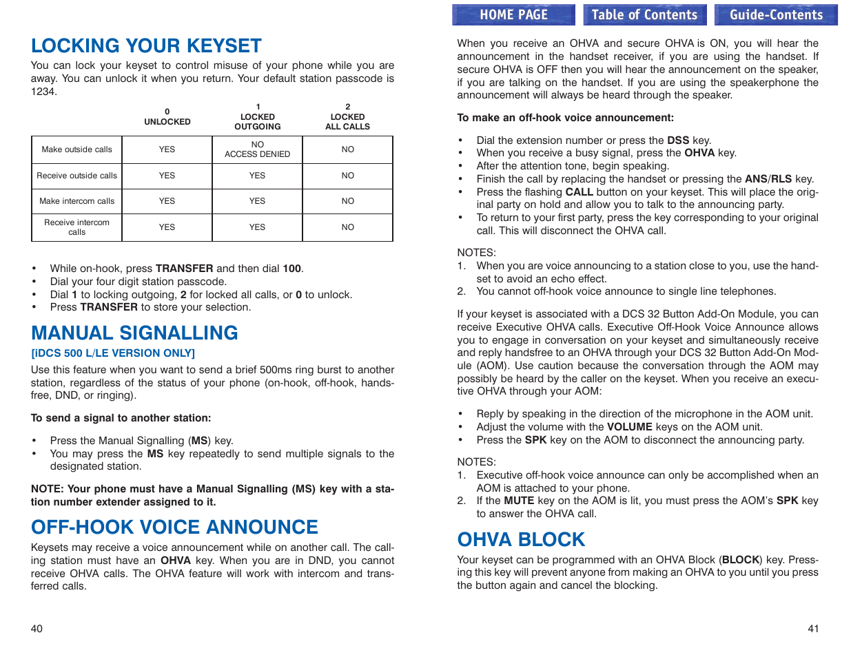 Locking your keyset, Manual signalling, Off-hook voice announce | Ohva block, Home page table of contents, Guide-contents | Samsung iDCS 100 User Manual | Page 50 / 155