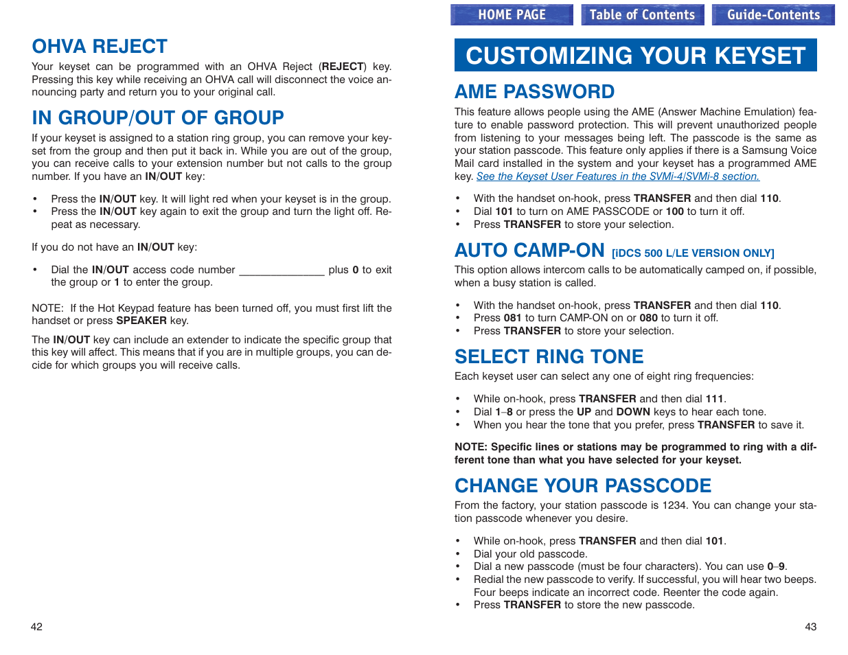 Ohva reject, In group/out of group, Customizing your keyset | Ame password, Auto camp-on, Select ring tone, Change your passcode, Ohva reject in group/out of group | Samsung iDCS 100 User Manual | Page 51 / 155