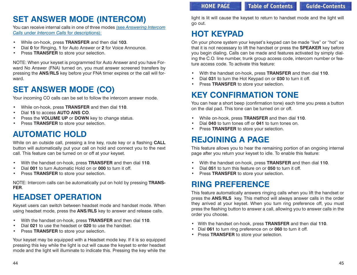 Set answer mode (intercom), Set answer mode (co), Automatic hold | Headset operation, Hot keypad, Key confirmation tone, Ring preference, Rejoining a page | Samsung iDCS 100 User Manual | Page 52 / 155