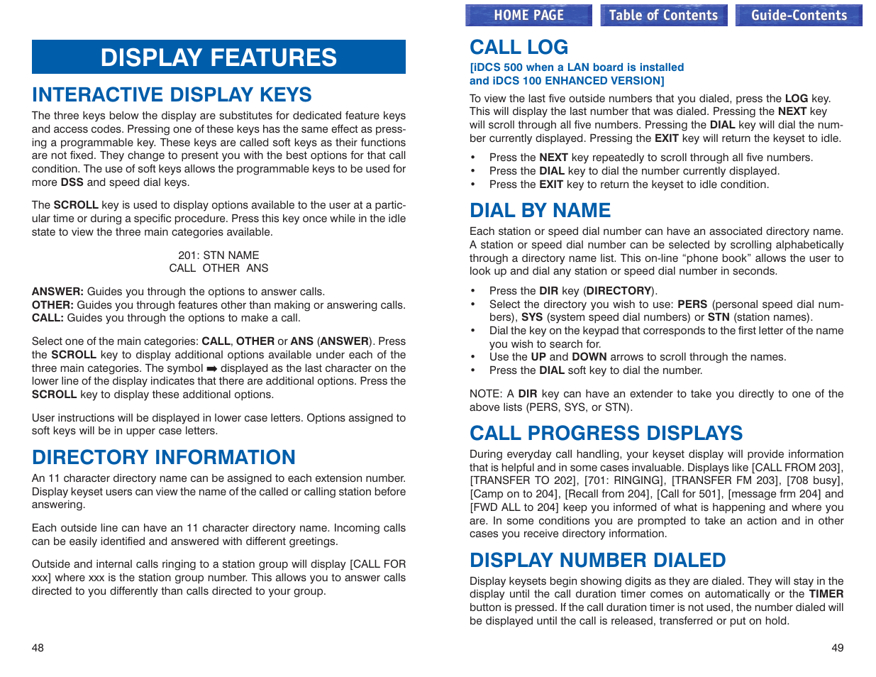 Display features, Interactive display keys, Directory information | Call log, Dial by name, Call progress displays, Display number dialed | Samsung iDCS 100 User Manual | Page 54 / 155