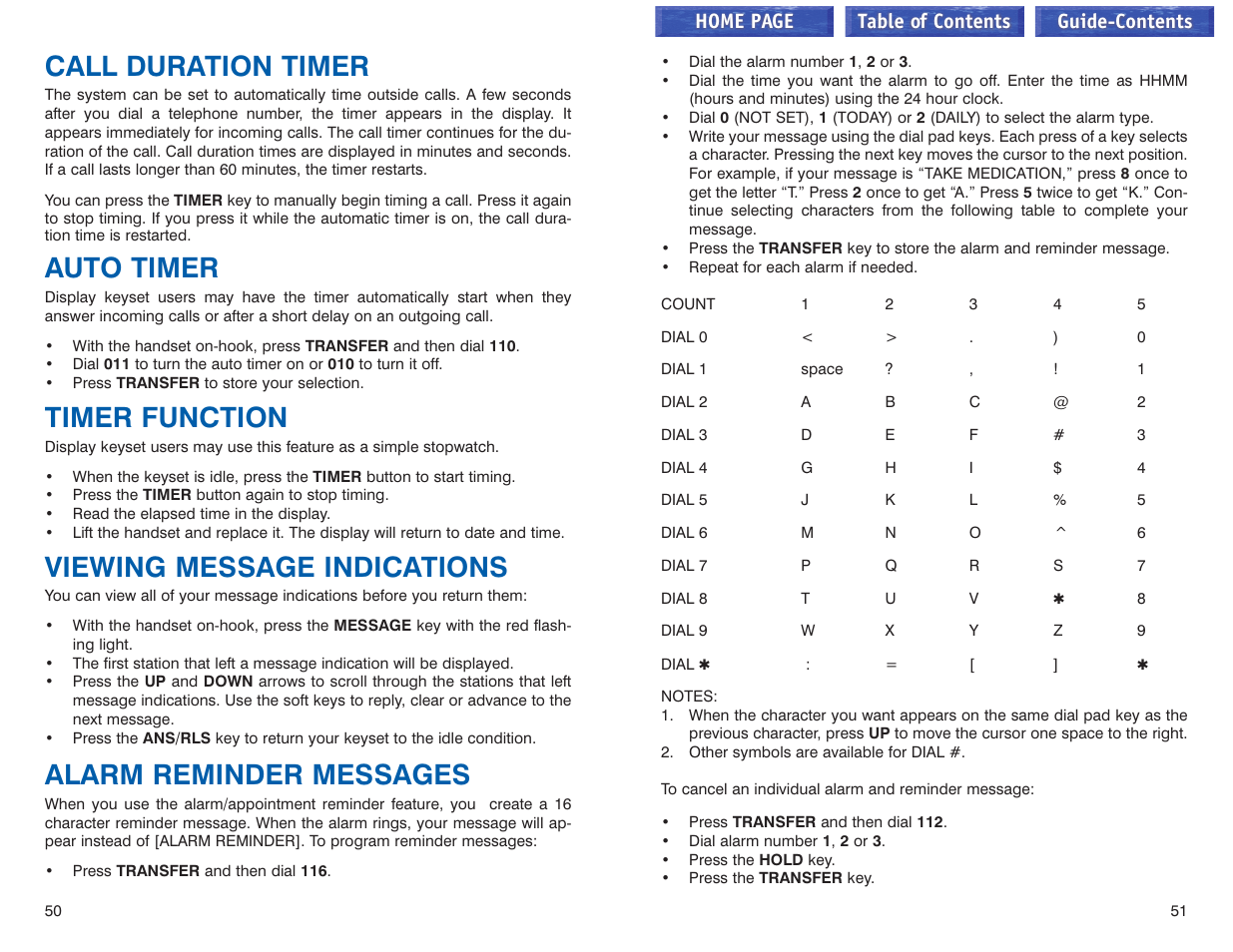 Call duration timer, Auto timer, Timer function | Viewing message indications, Alarm reminder messages, Home page table of contents | Samsung iDCS 100 User Manual | Page 55 / 155