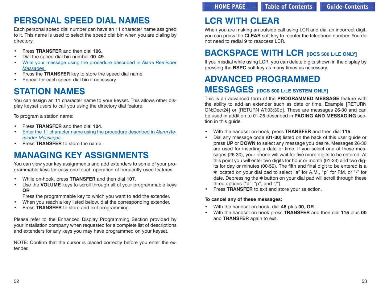 Personal speed dial names, Station names, Managing key assignments | Lcr with clear, Backspace with lcr, Advanced programmed messages | Samsung iDCS 100 User Manual | Page 56 / 155