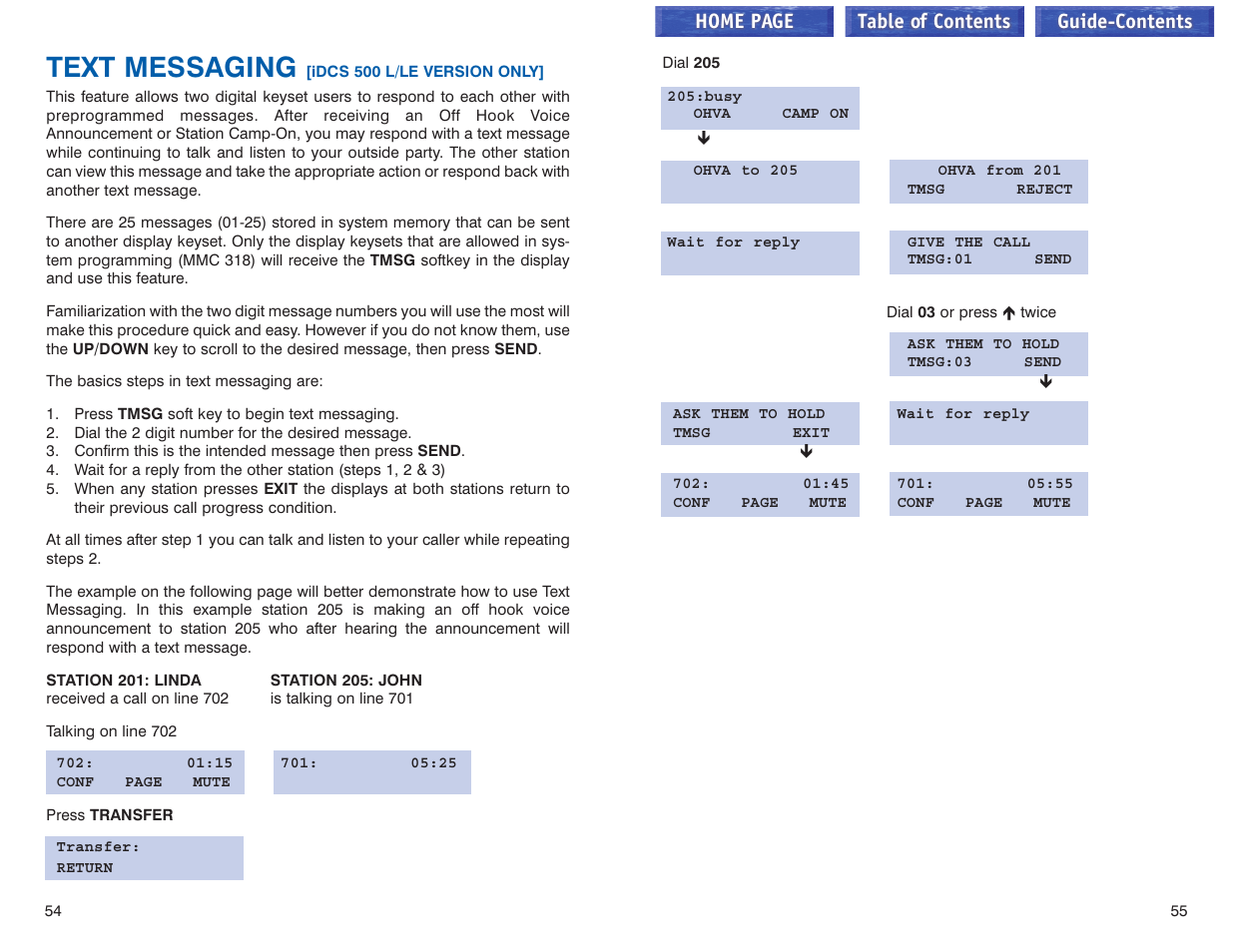 Text messaging, Text messaging –55, Home page table of contents | Samsung iDCS 100 User Manual | Page 57 / 155