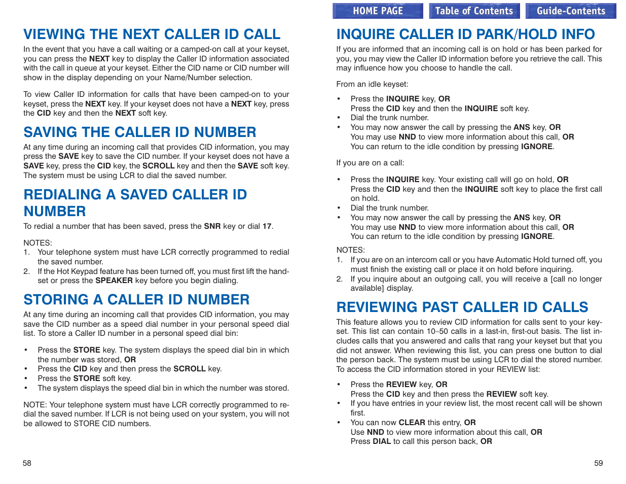 Viewing the next caller id call, Saving the caller id number, Redialing a saved caller id number | Storing a caller id number, Inquire caller id park/hold info, Reviewing past caller id calls | Samsung iDCS 100 User Manual | Page 59 / 155