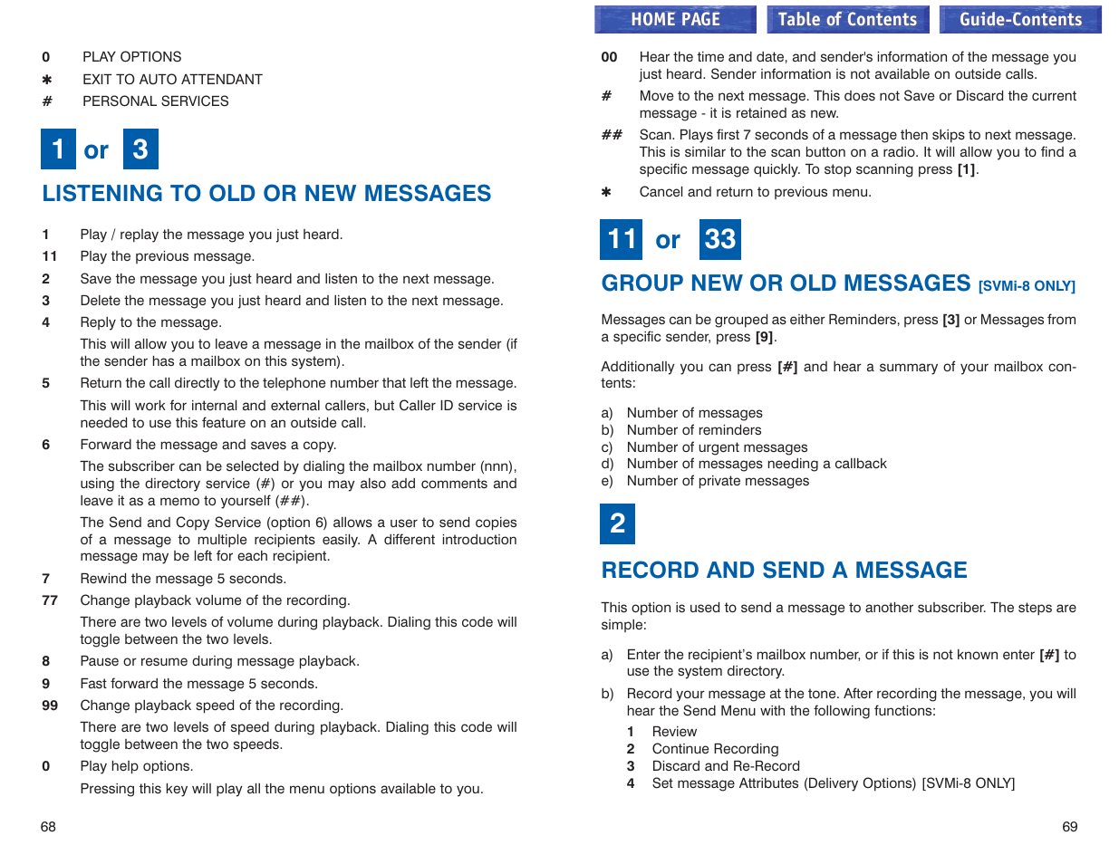 1 / 3 - listening to old or new messages, 11 / 33 - group new or old messages, 2 - record and send a message | See sending messages, Review saved messages, See listening to your message, Group new or old messages, Record and send a message, Listening to old or new messages | Samsung iDCS 100 User Manual | Page 64 / 155