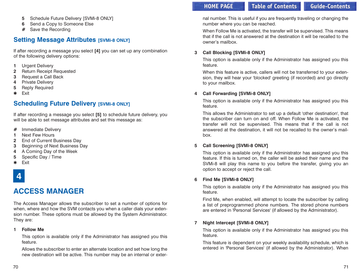 Setting message atributes, Scheduling future delivery, 4 - access manager | Access manager, Setting message attributes, Home page table of contents | Samsung iDCS 100 User Manual | Page 65 / 155