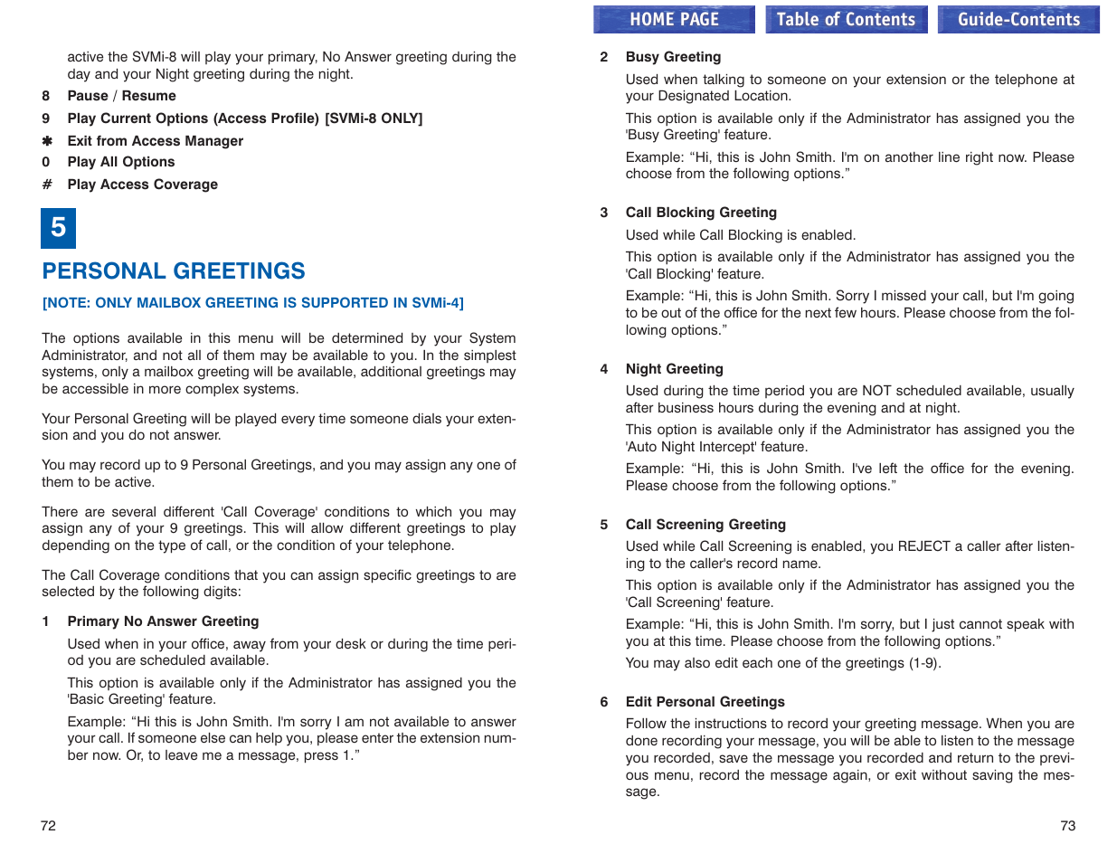 5 - personal greetings, Personal greetings, See personal greetings | Samsung iDCS 100 User Manual | Page 66 / 155