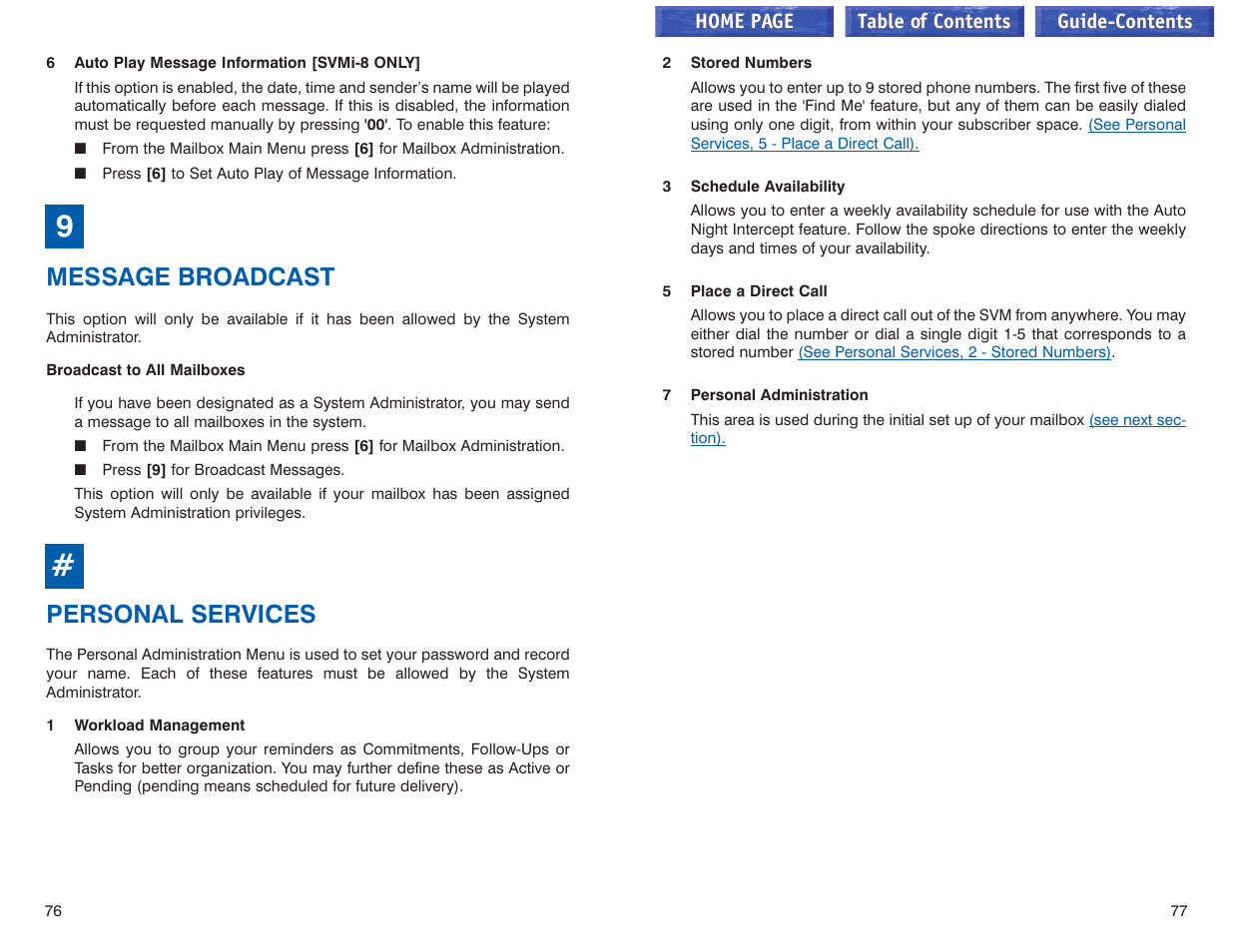 9 - message broadcast, Personal services, Message broadcast personal services | Ersonal services, See personal services, Message broadcast | Samsung iDCS 100 User Manual | Page 68 / 155