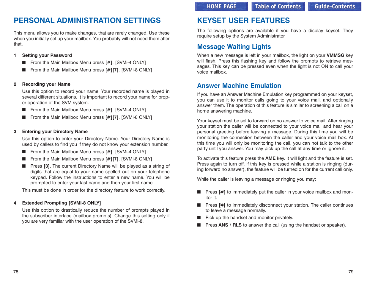 Personal administration settings, Keyset user features, Message waiting lights | Answer machine emulation, See next sec, Tion) | Samsung iDCS 100 User Manual | Page 69 / 155