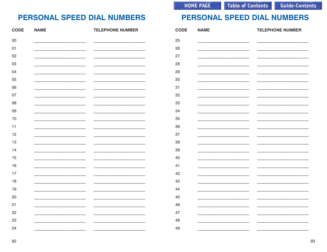 Personal speed dial numbers, Home page table of contents | Samsung iDCS 100 User Manual | Page 71 / 155