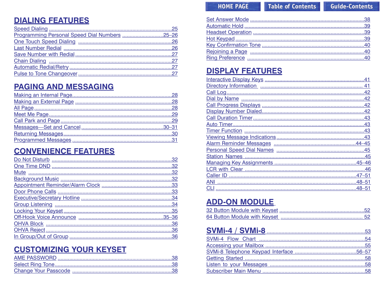 Display features, Add-on module, Svmi-4 / svmi-8 | Dialing features, Paging and messaging, Convenience features, Customizing your keyset | Samsung iDCS 100 User Manual | Page 73 / 155