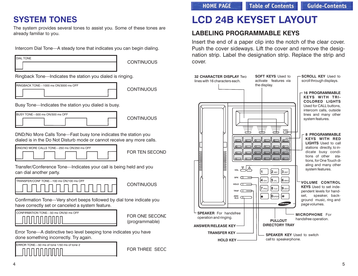 System tones, Lcd 24b keyset layout, Labeling programmable keys | Home page table of contents guide-contents | Samsung iDCS 100 User Manual | Page 76 / 155