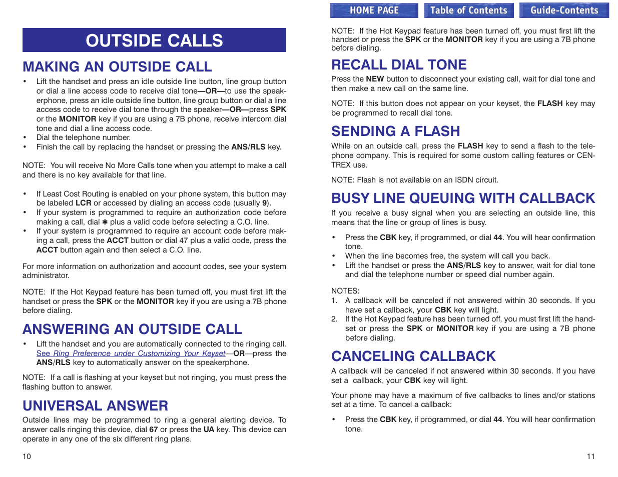 Outside calls, Making an outside call, Answering an outside call | Universal answer, Recall dial tone, Sending a flash, Busy line queuing with callback, Canceling callback | Samsung iDCS 100 User Manual | Page 79 / 155