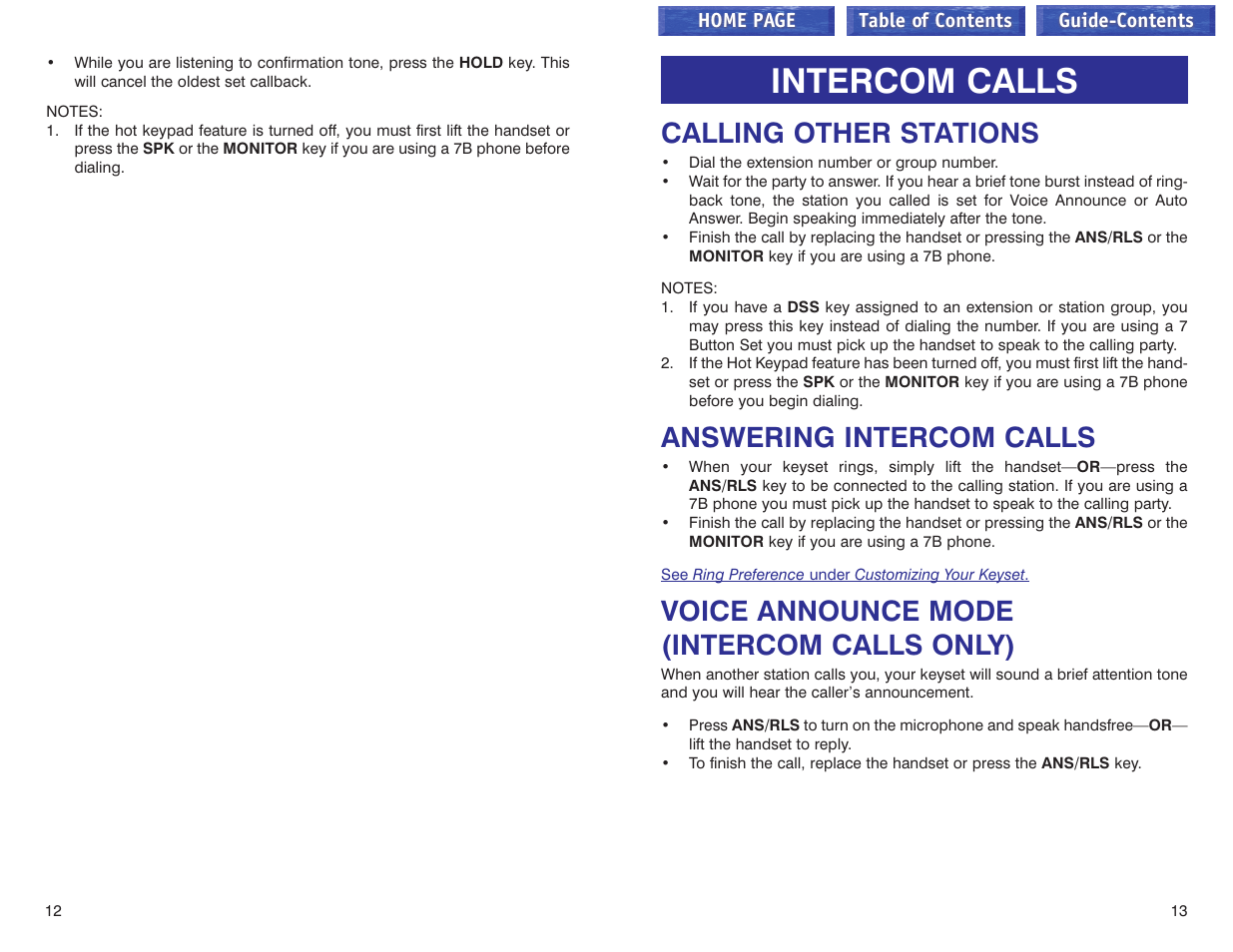 Intercom calls, Calling other stations, Answering intercom calls | Voice announce mode (intercom calls only), Calling other stations answering intercom calls | Samsung iDCS 100 User Manual | Page 80 / 155