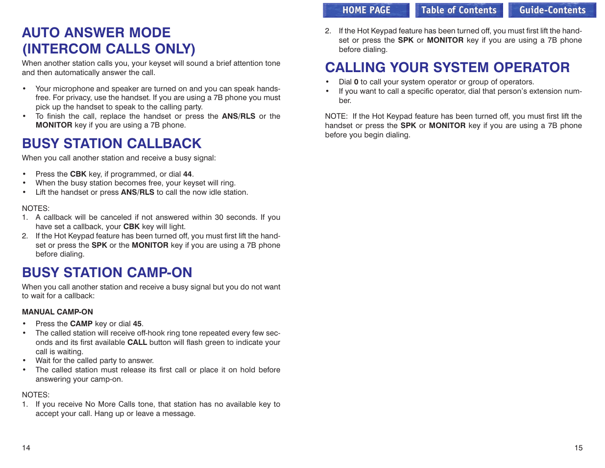 Auto answer mode (intercom calls only), Busy station callback, Busy station camp-on | Calling your system operator | Samsung iDCS 100 User Manual | Page 81 / 155