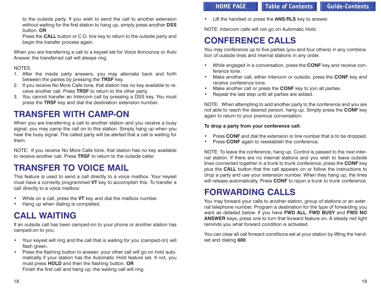 Transfer with camp-on, Transfer to voice mail, Call waiting | Conference calls, Forwarding calls | Samsung iDCS 100 User Manual | Page 83 / 155