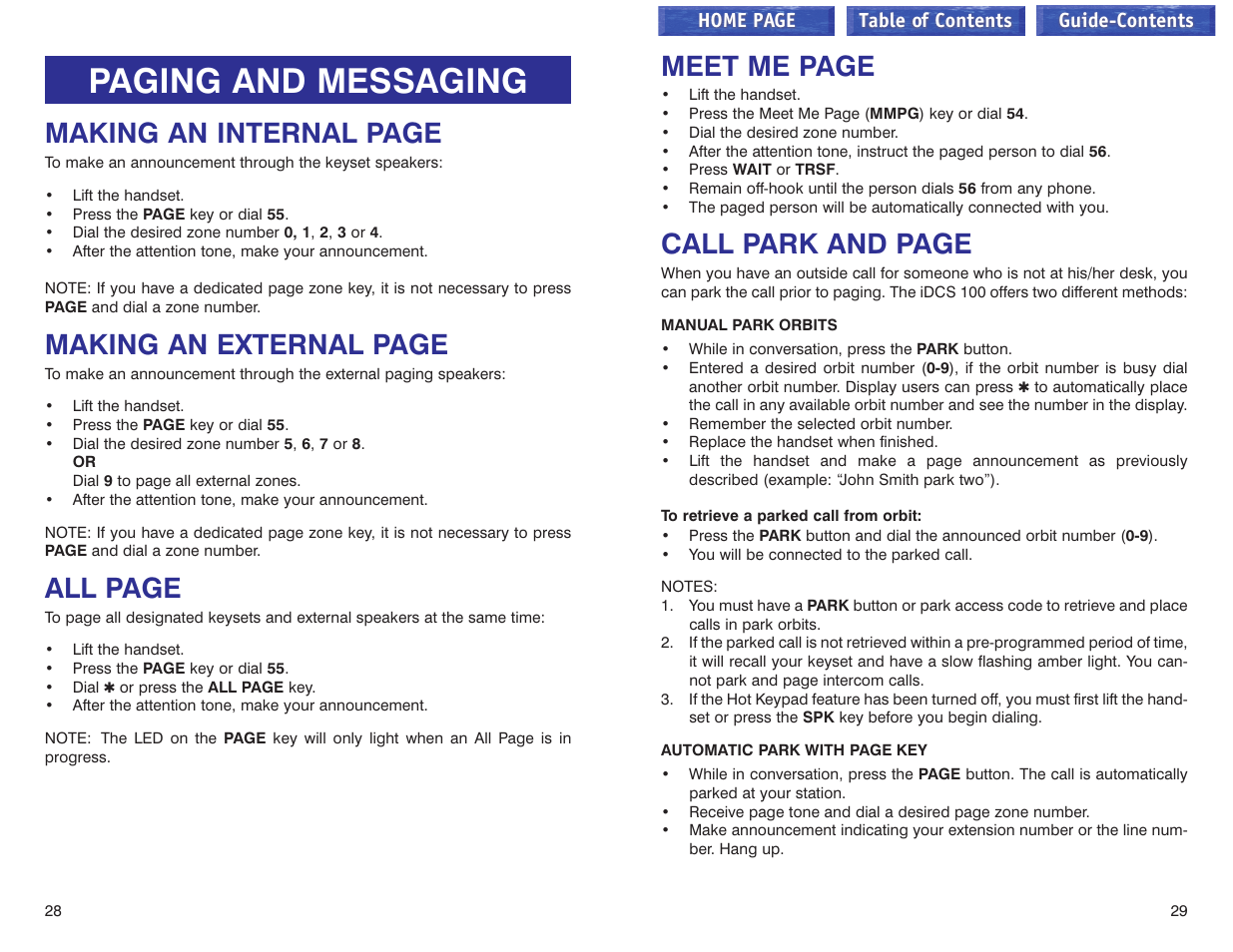 Paging and messaging, Meet me page, Call park and page | Making an internal page, Making an external page, All page | Samsung iDCS 100 User Manual | Page 88 / 155