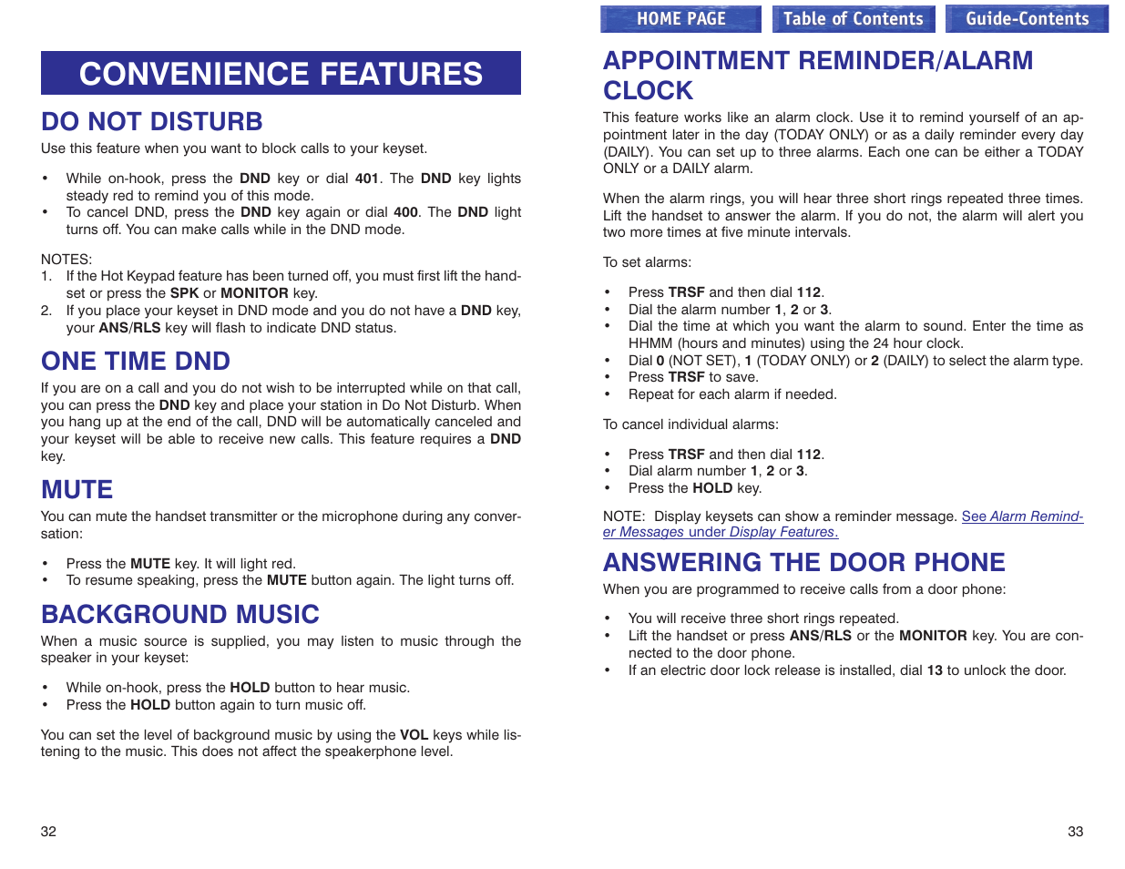 Convenience features, Do not disturb, One time dnd | Mute, Background music, Appointment reminder/alarm clock, Answering the door phone | Samsung iDCS 100 User Manual | Page 90 / 155