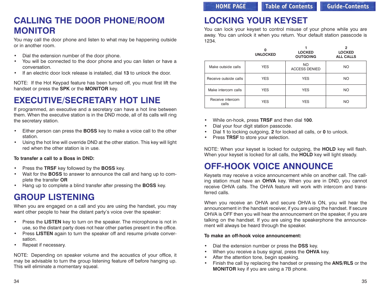 Calling the door phone/room monitor, Executive/secretary hot line, Group listening | Locking your keyset, Off-hook voice announce, Home page table of contents guide-contents | Samsung iDCS 100 User Manual | Page 91 / 155