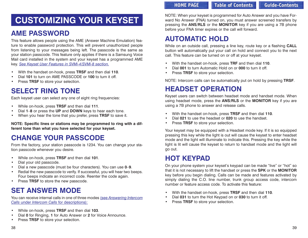 Customizing your keyset, Ame password, Select ring tone | Change your passcode, Set answer mode, Automatic hold, Headset operation, Hot keypad, Ame password select ring tone change your passcode | Samsung iDCS 100 User Manual | Page 93 / 155