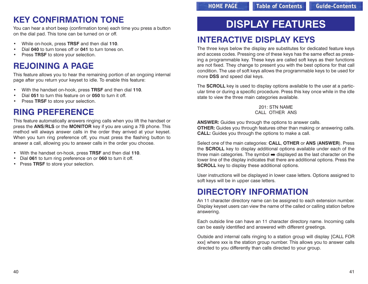 Key confirmation tone, Ring preference, Display features | Interactive display keys, Directory information, Interactive display keys directory information, Rejoining a page | Samsung iDCS 100 User Manual | Page 94 / 155