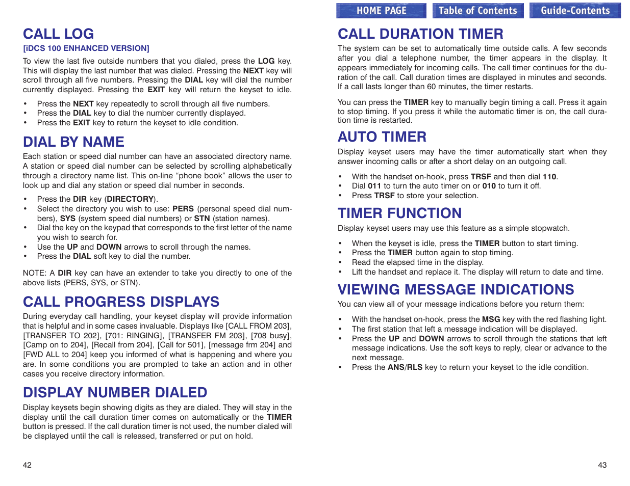 Call log, Dial by name, Call progress displays | Display number dialed, Call duration timer, Auto timer, Timer function, Viewing message indications | Samsung iDCS 100 User Manual | Page 95 / 155