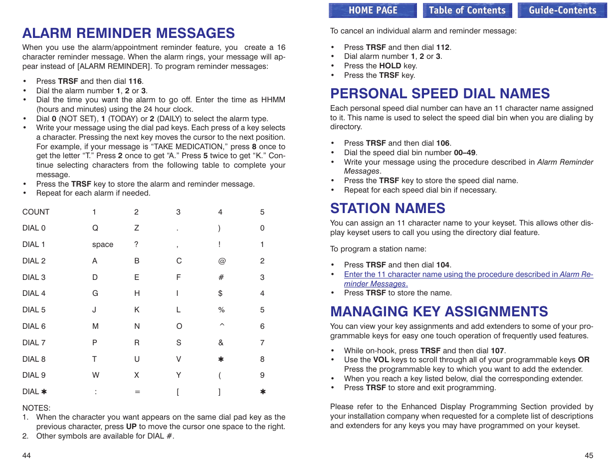 Alarm reminder messages, Personal speed dial names, Station names | Managing key assignments | Samsung iDCS 100 User Manual | Page 96 / 155