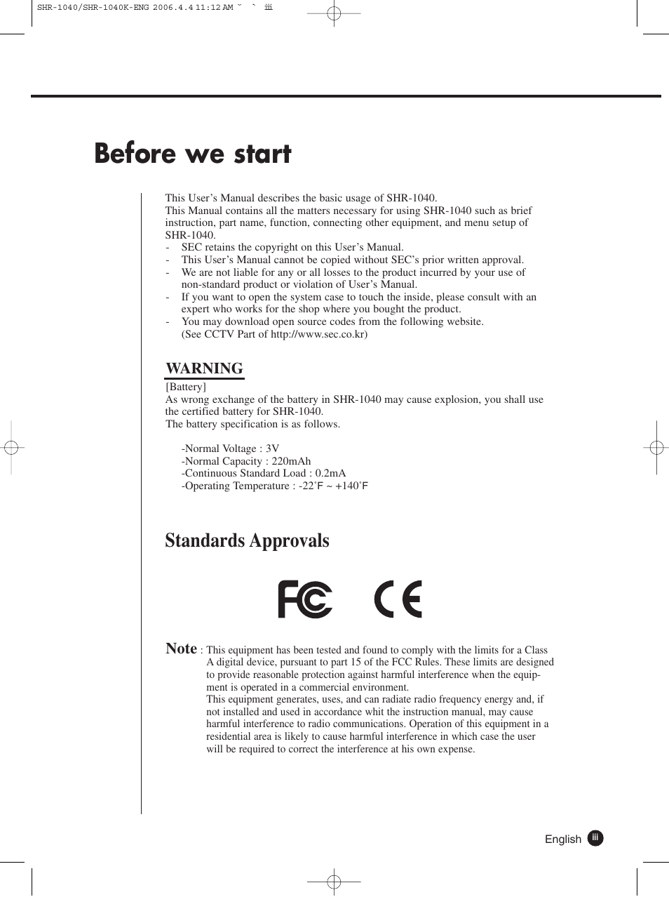 Before we start, Standards approvals, Warning | Samsung SHR-1040K User Manual | Page 3 / 68