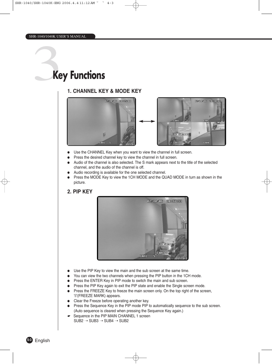 Key functions, Channel key & mode key, Pip key | Samsung SHR-1040K User Manual | Page 35 / 68