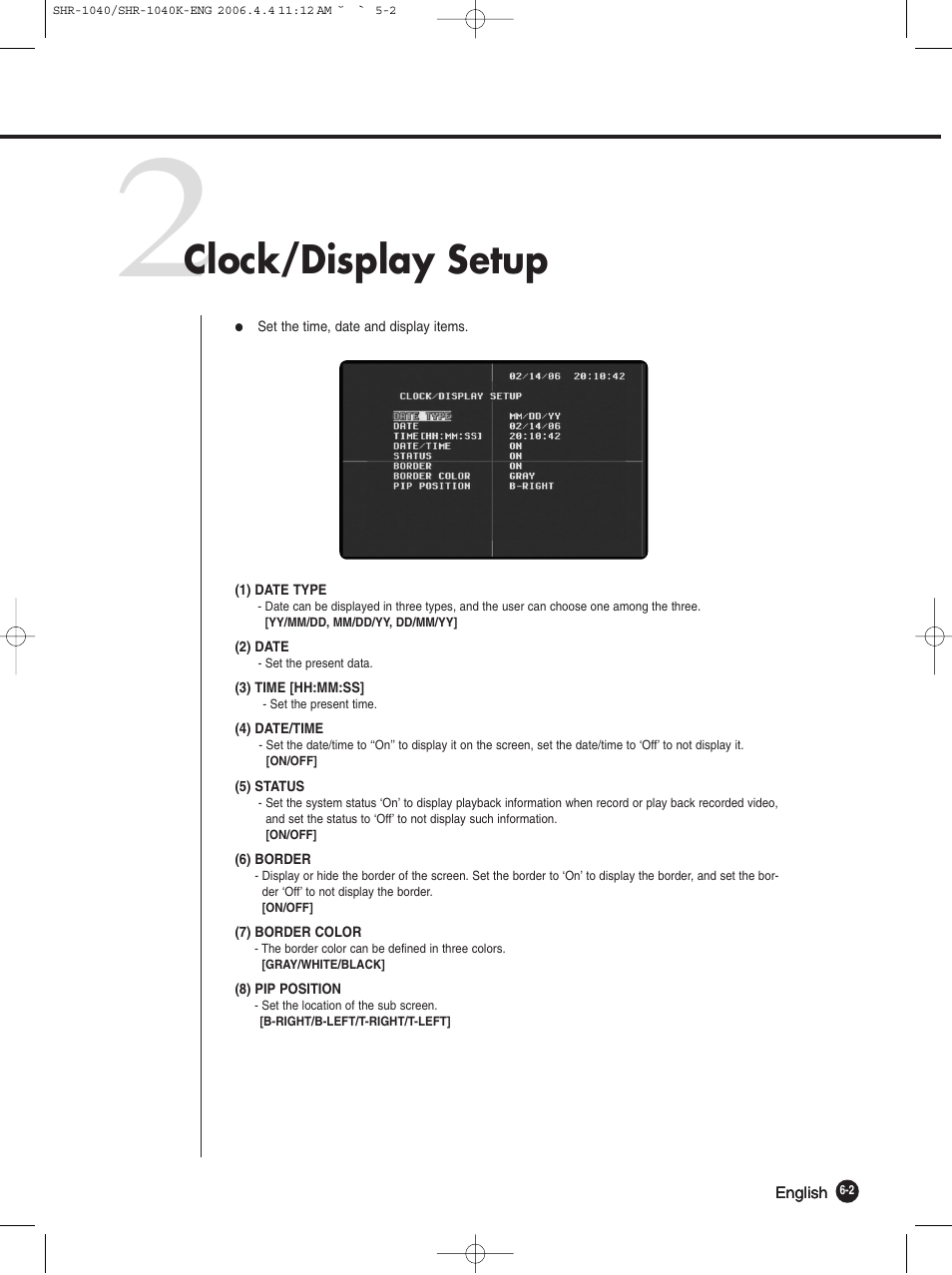 Clock/display setup | Samsung SHR-1040K User Manual | Page 40 / 68