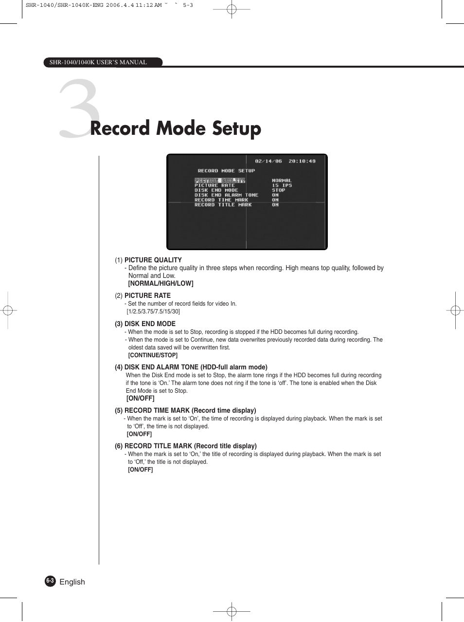 Record mode setup | Samsung SHR-1040K User Manual | Page 41 / 68