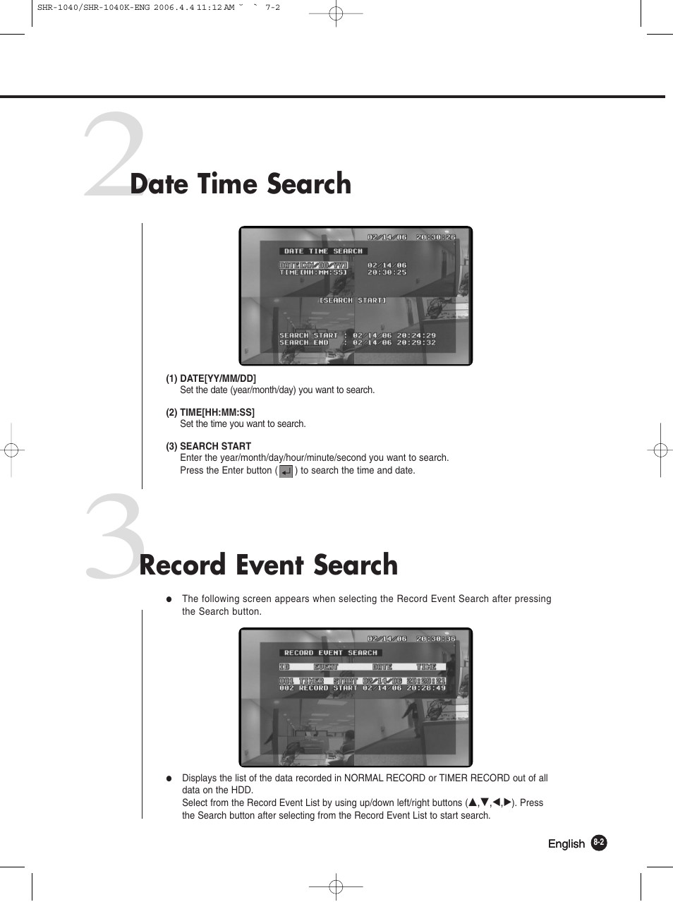 Date time search, Record event search | Samsung SHR-1040K User Manual | Page 59 / 68