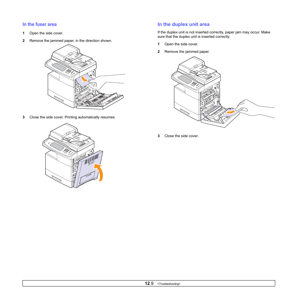 In the fuser area, In the duplex unit area, In the fuser area in the duplex unit area | Ge 12.9 | Samsung CLX-8380ND User Manual | Page 105 / 187