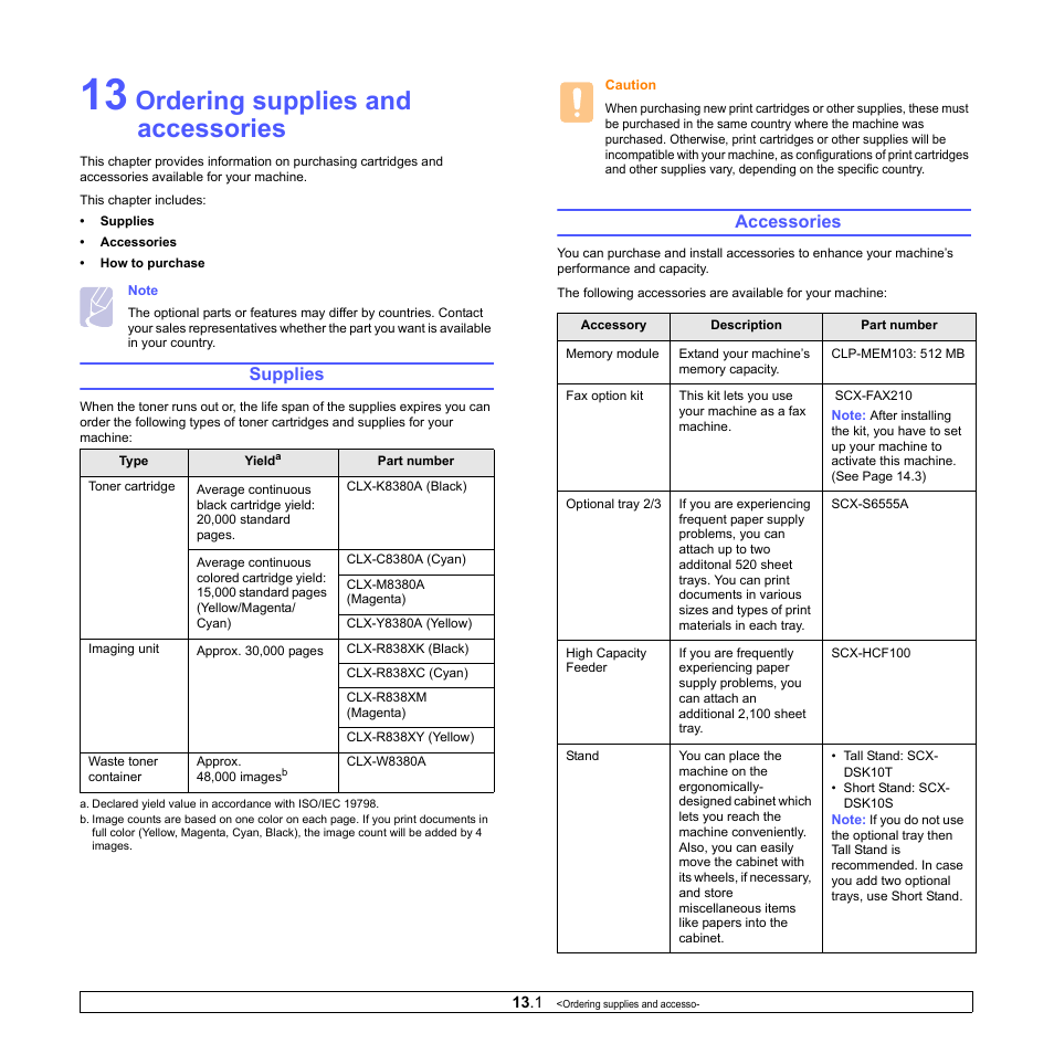 Ordering supplies and accessories, Supplies, Accessories | Supplies accessories, 1) and con | Samsung CLX-8380ND User Manual | Page 122 / 187