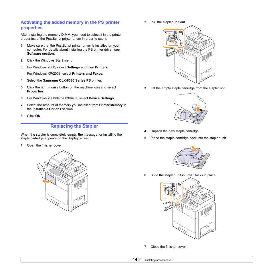 Replacing the stapler, 2) if you | Samsung CLX-8380ND User Manual | Page 125 / 187